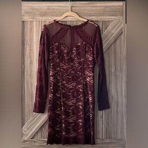 Medium, maroon lace, long sleeved dress